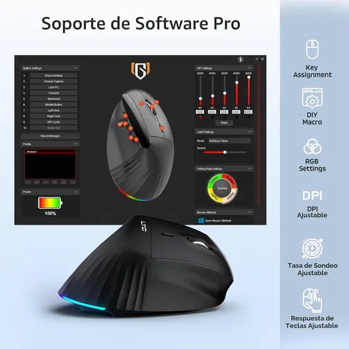 Vista 7 de LTC GM051 Ratón ergonómico vertical inalámbrico – 8K DPI óptico, 9 botones programables (5 lados), recargable 850mAh, Bluetooth