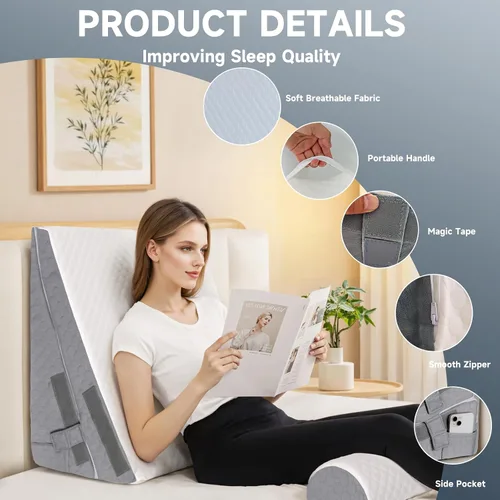 Vista 6 de Almohada de cuña de cama para dormir, 3 piezas de altura ajustable de 4.5, 7.5 y 12 pulgadas, cuña triangular para poscirugía, reflujo ácido