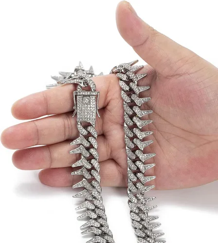 Vista 6 de HUITIAN INTL Cadena de eslabones cubanos para hombres y mujeres, cadena helada con espinas de diamante, circonita cúbica de 18 quilates, chapado