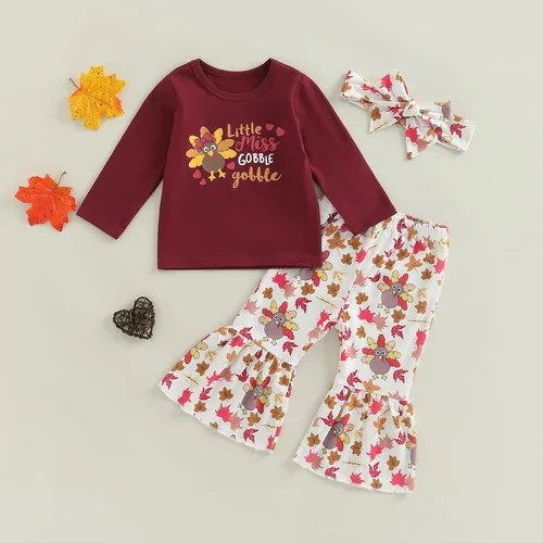 Vista 2 de Sudadera con cuello redondo y estampado de pastel de calabaza para niña pequeña, camiseta y pantalones acampanados para otoño, 2