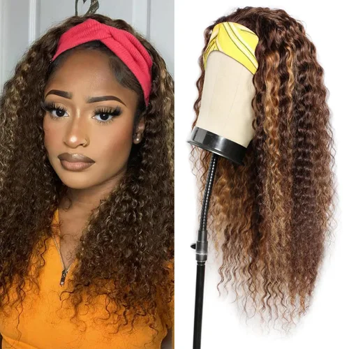 Vista 41 de Peluca de cabello humano con diadema de ondas profundas, sin pegamento, pelucas de cabello rizado sin encaje frontal, pelucas de cabello humano