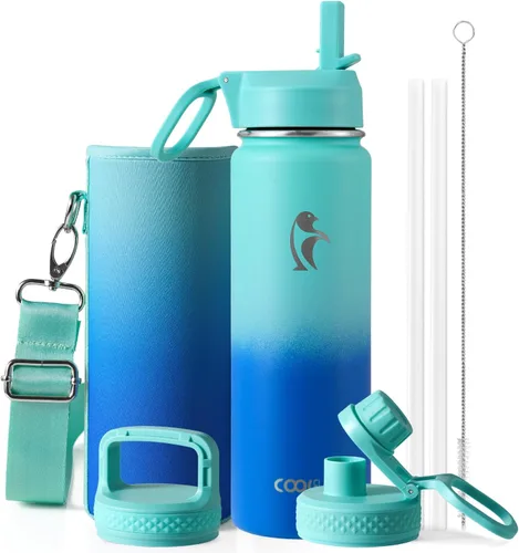 Vista 95 de Coolflask Botella de agua de 20 onzas aislada con pajilla, 3 tapas de metal de acero inoxidable, botella de agua de boca ancha para deportes u