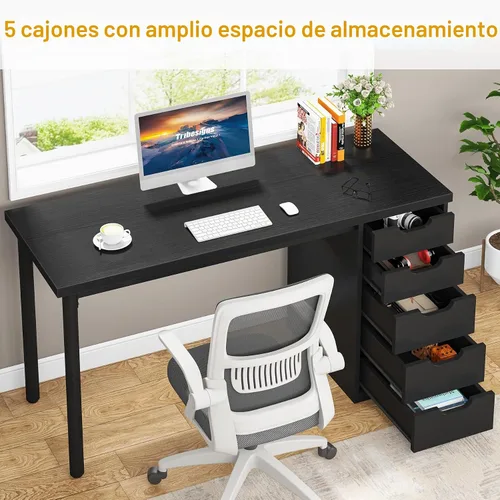 Vista 5 de Tribesigns Escritorio para computadora con 5 cajones, escritorio de oficina en casa de 47 pulgadas, color marrón rústico, con almacenamiento Negro