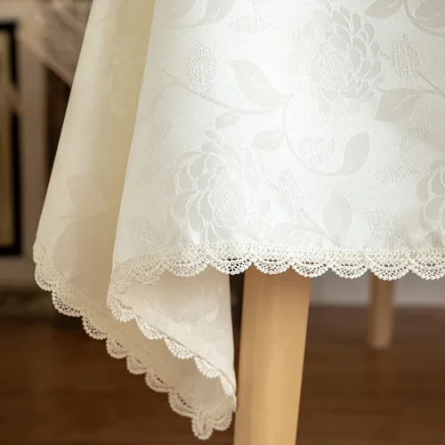 Vista 7 de GLORY SEASON Mantel redondo impermeable a prueba de derrames, de tela de damasco con ribete de encaje, para decoración de mesa de boda, cocina