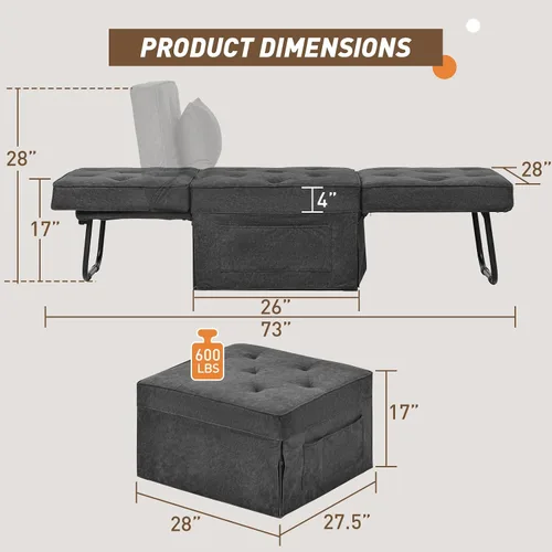 Vista 7 de Sofá Cama Convertible, Cama Otomana Plegable Multifunción 4 en 1 con Respaldo Ajustable, Moderna Silla Cama Extraíble para Sala de Estar Gris