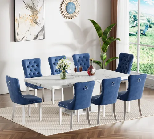 Vista 35 de Henf Juego de mesa de comedor extensible de 78 pulgadas para 6 mesas rectangulares de madera de 7 piezas con 6 sillas tapizadas de terciopelo, mesa