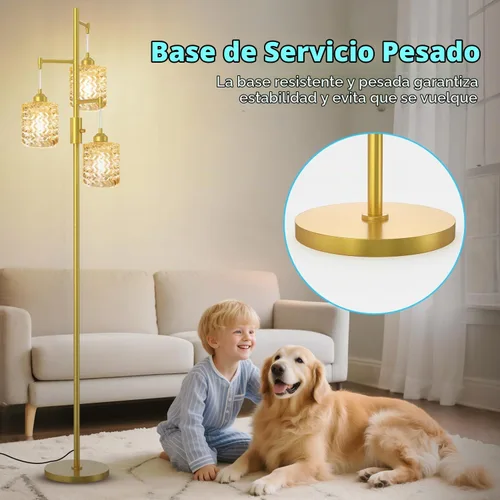 Vista 4 de Lámpara de pie dorada para sala de estar y dormitorio, lámpara de pie vintage de 3 luces con vidrio emplomado, lámparas de pie altas modernas