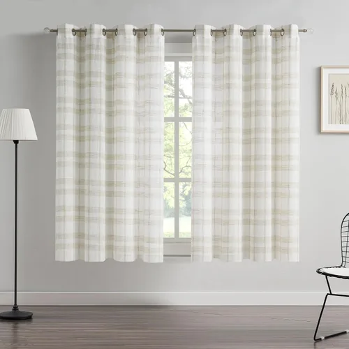 Vista 10 de SXZJTEX Cortinas a cuadros grises y blancos, cortinas rústicas de lino traslúcido a cuadros de 63 pulgadas de largo para sala de estar, dormitorio