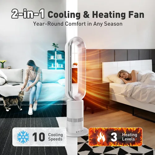 Vista 4 de Xcity TP18Pro - Ventilador de torre sin aspas, calentador 2 en 1 y ventilador de refrigeración, control remoto y táctil, 10 niveles de enfriamiento