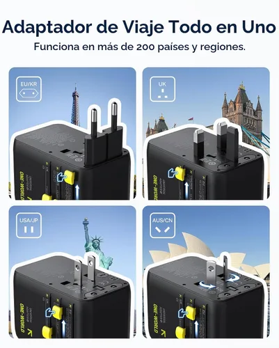 Vista 2 de Baseus Adaptador de enchufe de viaje europeo de 45W, adaptador de corriente universal 6 en 1 con cable retráctil USB-C, carga rápida PD GaN