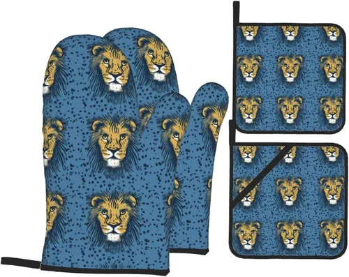 Vista 17 de Juego de guantes de horno y soportes para ollas con estampado floral de jardín, resistentes al calor, antideslizantes, guantes de cocina, 4