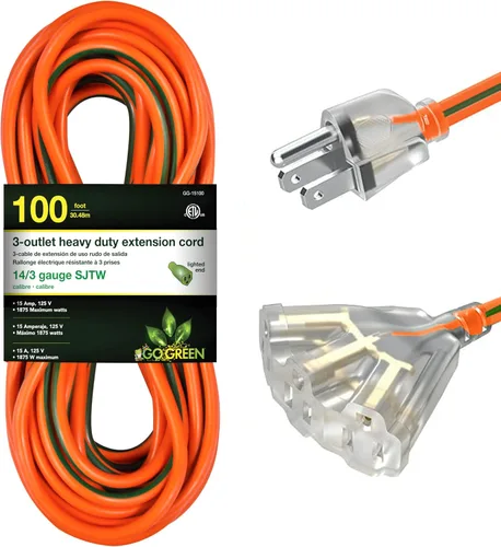Vista 10 de GoGreen Power (GG-15225) Cable de extensión SJTW de 3 salidas de 12/3 de 25 pies, extremo iluminado, 25 pies