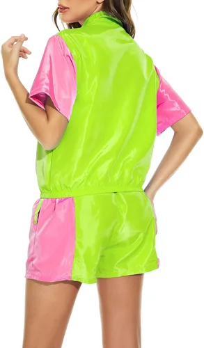 Vista 3 de Yisfri Conjunto de 2 piezas rompevientos con bloques de color para mujer, manga corta, cremallera frontal, cintura elástica