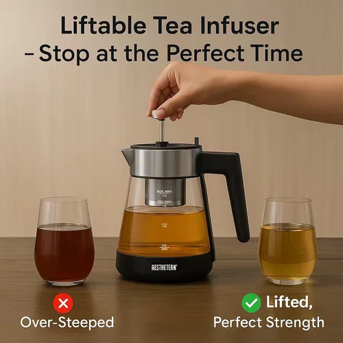 Vista 4 de Hervidor eléctrico de té con infusor Hervidor eléctrico de vidrio de 1.7 L con control de temperatura, 175 °F, temperatura mínima, apagado