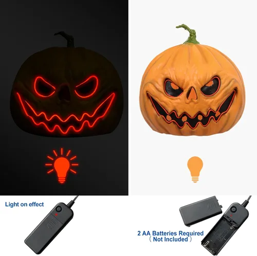 Vista 2 de HugOutdoor Máscara de calabaza aterradora de Halloween, mascarada, cosplay, luz LED, calabaza de látex, máscara de cabeza completa para fiesta