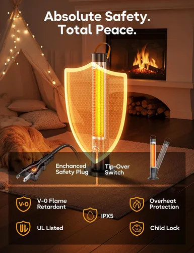 Vista 7 de Calentador al aire libre para patio, 32" Calentadores eléctricos por infrarrojos para interiores con control remoto, 1500W, oscilación de 60°
