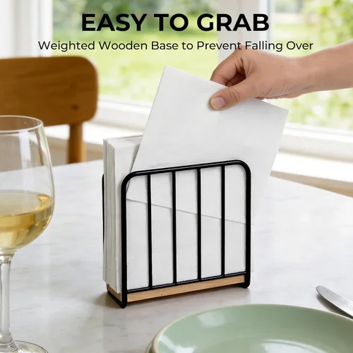Vista 2 de Servilletero moderno de granja para mesa, base de madera maciza pesada con diseño de metal, dispensador vertical de servilletas para encimera
