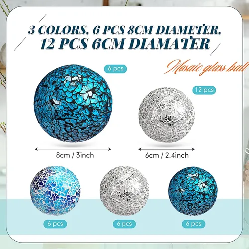 Vista 2 de Umigy Juego de 18 bolas decorativas de orbes de mosaico, centro de mesa de 3.2/2.4 pulgadas, bolas de esfera de vidrio de espejo, bola sólida