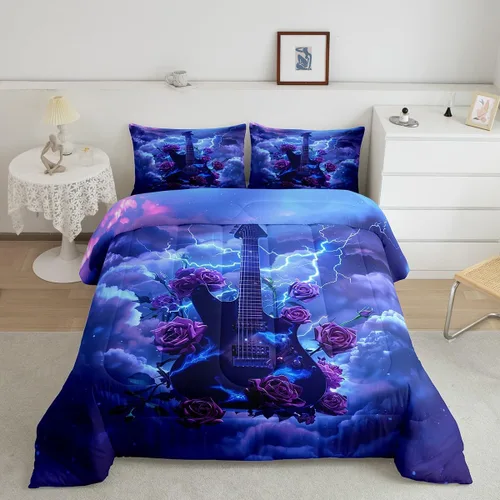 Vista 28 de Castle Fairy Juego de edredón de botas de vaquero, tamaño individual, juego de ropa de cama bohemio con guitarra musical para niños y niños