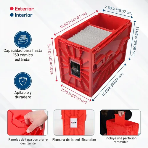 Vista 5 de BCW Recipiente corto para cómics Capacidad para 150 cómics Almacenamiento de plástico apilable Organizador sin ácido Rojo, paquete de 2