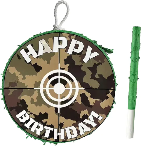 Vista 3 de APINATA4U - Juego de piñata de camuflaje verde con palo y venda, 16 x 4 pulgadas, suministros de fiesta de juego de caza, decoraciones de feliz