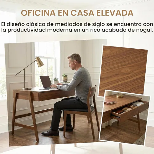Vista 6 de HNY Escritorio de madera de nogal de 59 pulgadas con 3 cajones, mesa de estudio de computadora con parte superior de MDF, patas de madera de goma