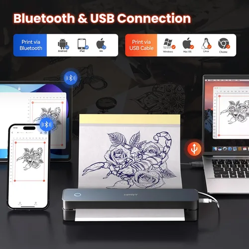 Vista 3 de HPRT Adhesivo térmico portátil Bluetooth para tatuajes, impresora inalámbrica de plantillas de tatuaje con 10 hojas de papel de impresión, tatuajes