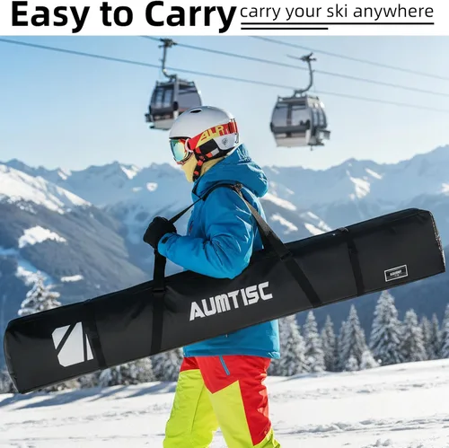 Vista 7 de AUMTISC Bolsa de esquí totalmente acolchada, bolsas de esquí individuales para viajes aéreos, bolsa de esquí de nieve impermeable para volar con asa