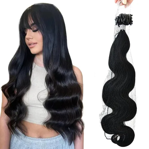 Vista 18 de Extensiones de cabello humano microlink de 16 pulgadas, extensiones de cabello natural suave de microcuentas, color #1 negro azabache, 100% cabello