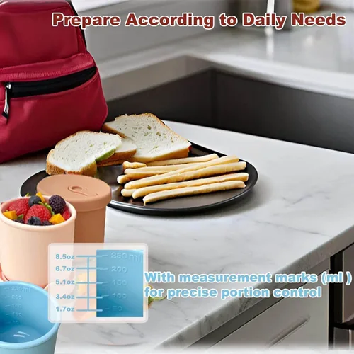 Vista 7 de Paquete de 4 recipientes de silicona de almacenamiento de alimentos de 8.5 onzas con tapas, 1 taza de recipientes reutilizables para refrigerios