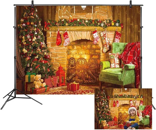 Vista 11 de LB Telones de fondo de chimenea de Navidad para fotografía de 5 x 3 pies, calcetines de árbol de Navidad, regalos de Año Nuevo, para niños