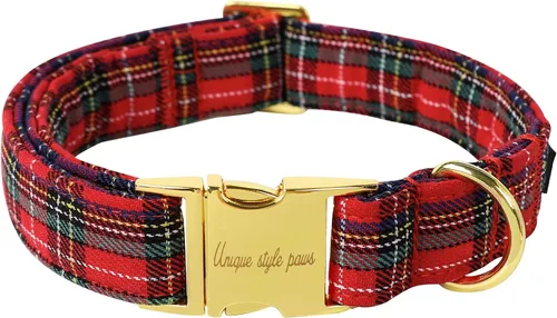Vista 29 de Collar de perro de Navidad de Unique Style Paws con hebilla de plástico y colgante, a cuadros rojo y negro, collares de algodón para cachorros