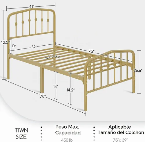 Vista 2 de Yaheetech - Base de cama metálica de tamaño individual con plataforma de cama de metal con cabecero y estribo de estilo victoriano/Fácil montaje/Sin