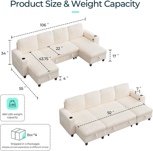 Vista 2 de LINSY HOME - Sofá cama extraíble modular con sección para dormir, con almacenamiento, sofá seccional de pana mullida para sala de estar, sofá cama