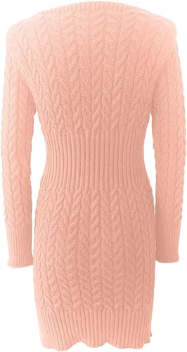 Vista 4 de Vestido de cóctel para mujer, de color sólido, de punto, mediana, manga larga, media cremallera, cuello en V, vestido de fiesta, vacaciones