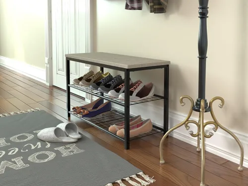 Vista 4 de Zapatero de 3 niveles para entrada, organizador de almacenamiento con dos estantes de hierro y parte superior para tabla, estante para zapatos