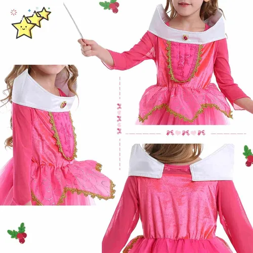 Vista 4 de Disfraz de princesa para niñas, disfraz de fiesta de Halloween con corona, vara, aretes, anillo rosa