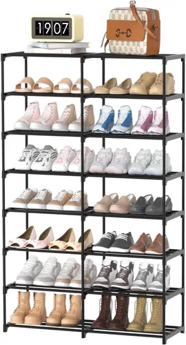Vista 10 de Estante para zapatos de 2 filas y 4 niveles, estante de zapatos apilable de metal negro con ganchos multifuncionales, capacidad para 16-20 pares