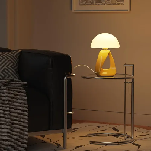 Vista 6 de Lámpara de hongo, pequeña lámpara de mesa para dormitorio, lámpara de noche creativa geométrica con base de cerámica, lámpara de mesa auxiliar