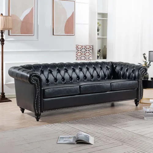 Vista 3 de Sofá Chesterfield moderno de tres plazas, sofá de piel sintética con brazos enrollados, cómodos sofás para sala de estar, oficina, sala de recepción