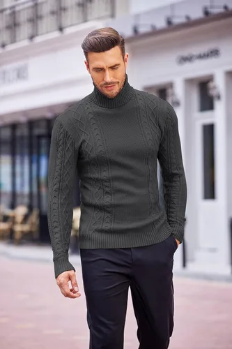 Vista 3 de COOFANDY Suéter de cuello alto ajustado para hombre, suéter de punto trenzado casual
