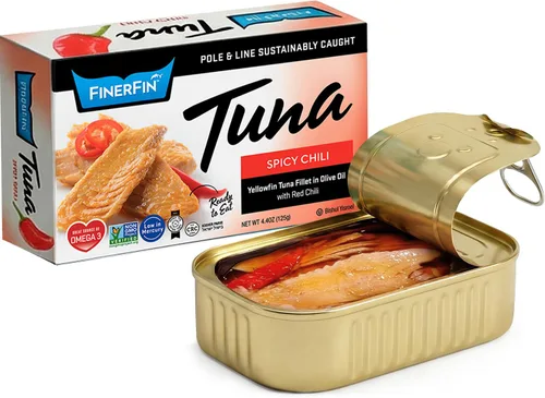 Vista 10 de FinerFin - Ensalada de atún de aleta amarilla en aceite de oliva orgánico Atún gourmet Atún enlatado con AOVE Filetes gourmet listos