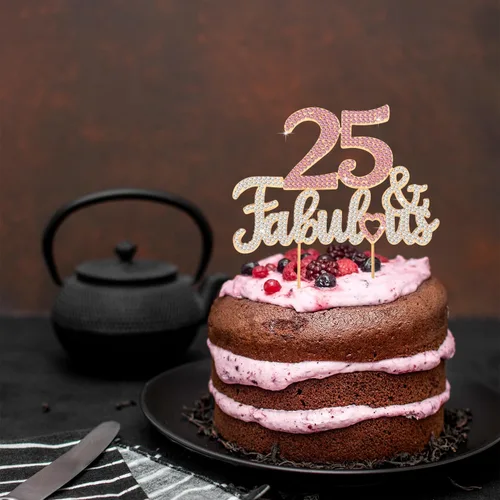 Vista 7 de 25 y fabulosa decoración de pastel de diamantes de imitación dorados y rosados – Feliz cumpleaños 25 años saluda a 25 años de edad, decoración