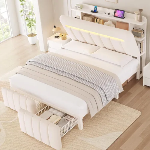 Vista 12 de Jocoevol Base de cama individual con cabecera de almacenamiento para niños, marco de cama tapizado blanco tamaño individual con cajones de Beige