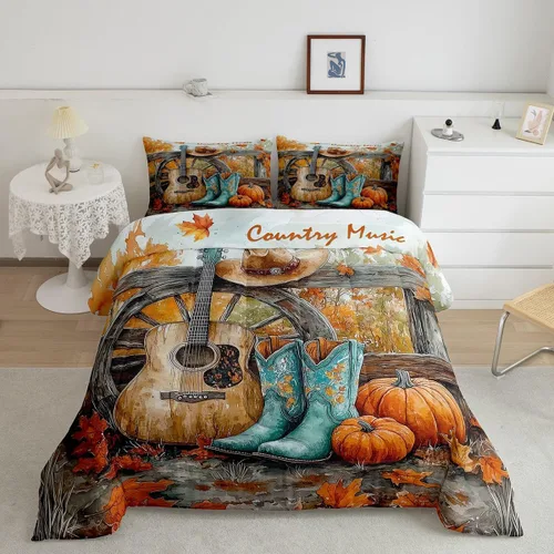 Vista 22 de Castle Fairy Juego de edredón de botas de vaquero, tamaño individual, juego de ropa de cama bohemio con guitarra musical para niños y niños