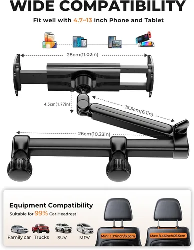 Vista 7 de Tryone Soporte para tablet para reposacabezas para accesorios de automóvil: [brazo de 18.11 pulgadas de largo] Soporte 3 en 1 para tableta