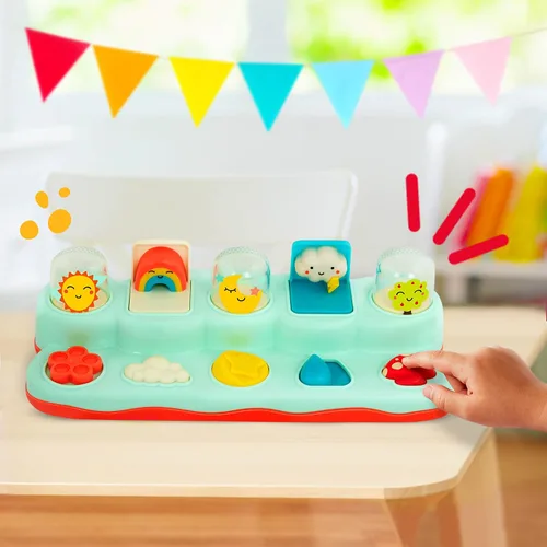Vista 2 de B. toys Pop - Up Buddies - Juego de causa y efecto - Juguetes de aprendizaje para bebés - Juguete interactivo con sol, arco iris, estrella - 18+