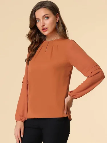 Vista 2 de Allegra K Blusa elegante con cuello en ojo de cerradura semitransparente para mujer Coffee