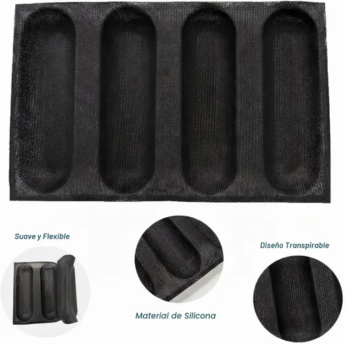 Vista 3 de Dioycli Molde de pan de silicona para hornear pan grande de baguette sartén perforada para bollos de perritos calientes, 4 panes, alfombrilla