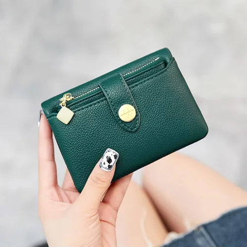Vista 4 de Carteras para mujer, billetera pequeña Rfid para mujer, billetera de cuero plegable para mujer, tarjetero plegable con cremallera extraíble (verde)